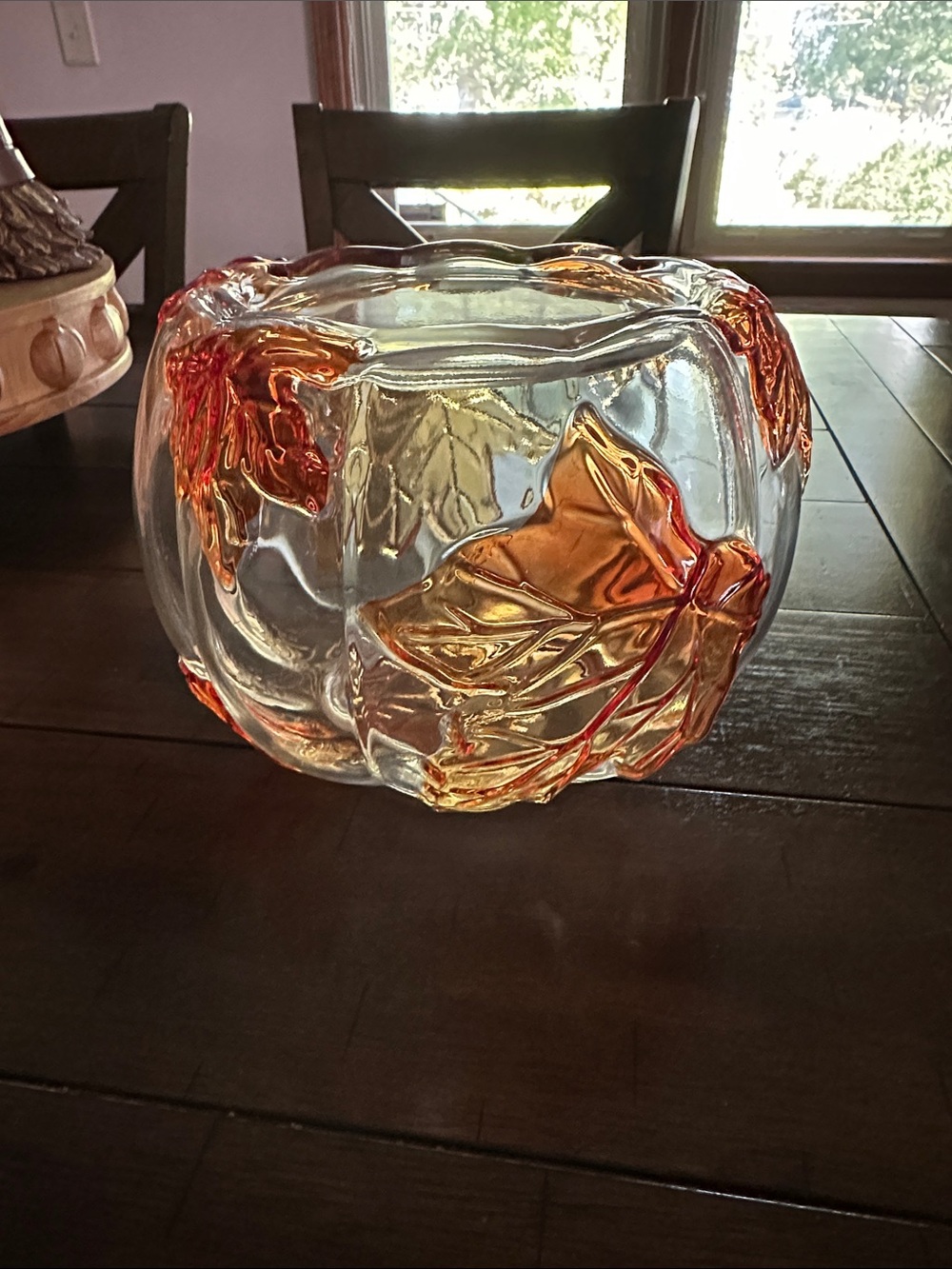 Bath & Body Works Clear Glass 3 wick Candle Holder with Amber Leaf Accents